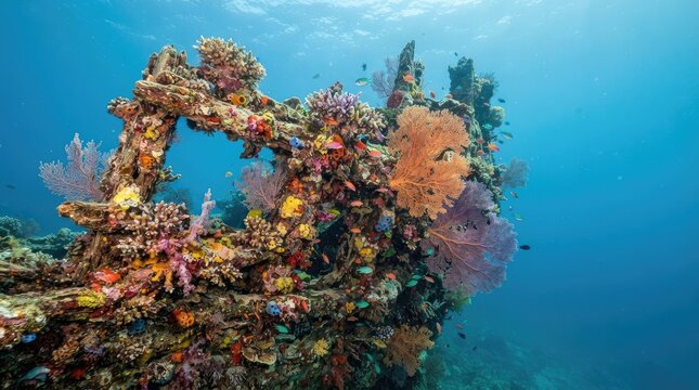 A vibrant shipwreck is covered in colorful coral and marine life. The decaying metal structure is partially submerged in clear blue water.