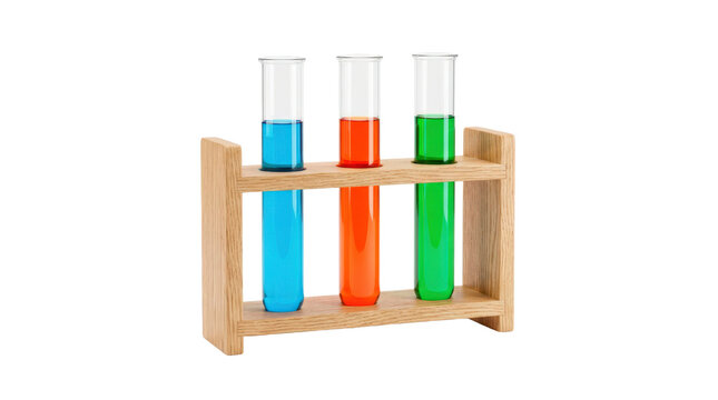 Wooden test tube rack holding three clear glass test tubes, each filled with a different vibrant colored liquid. Photorealistic, front 3/4 view, horizontal orientation, ultra-high-resolution 8K, on a