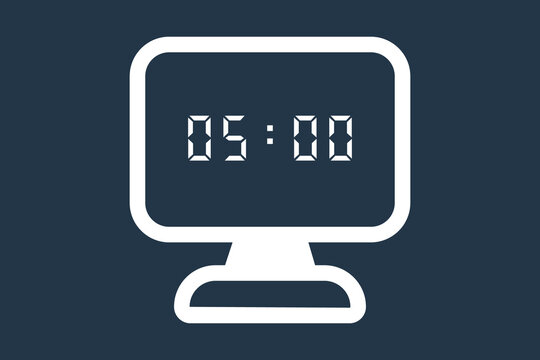 A digital clock on the monitor with a white outline, displaying 05:00 against a navy blue background.
