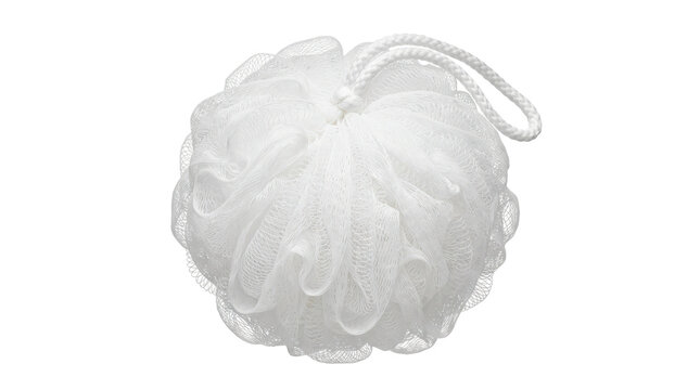 Mesh shower pouf with dense gathered nylon netting, soft rounded shape, lightweight airy texture, and practical exfoliating bath accessory design. Photorealistic, front 3/4 view, square orientation,