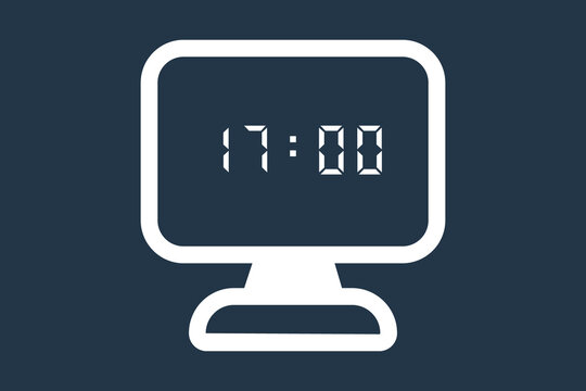 A digital clock on the monitor with a white outline, displaying 17:00 against a navy blue background.