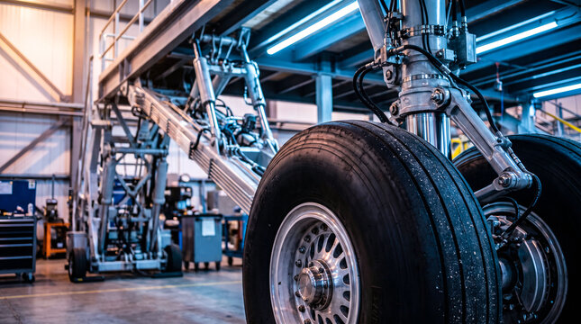 airplane landing gear wheel and struts in hangar with blue industrial lighting for aviation and aerospace industry.
