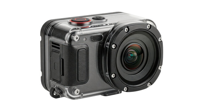 Action camera, single action camera with compact rugged cube body, wide-angle lens and durable protective housing, photorealistic, front 3/4 view, horizontal orientation, ultra-high-resolution 8K