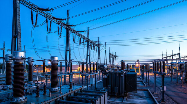 Large outdoor electrical substation with numerous power lines transformers and insulators against a clear blue sky demonstrating robust infrastructure for energy distribution.