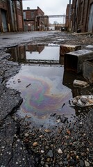 Obraz premium Oil rainbow puddle with discarded cans on cracked alley asphalt near industrial buildings for pollution awareness background and urban decay design and environmental hazard message