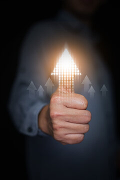 Thumbs up with dotted upward arrow surrounded by smaller rising arrows. Business growth, success rating, strategic improvement, positive progress, and performance boost. Vertical stock photo.