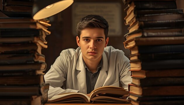 Medical College Student Studying with Stack of Medical Textbooks Under Warm Desk Lamp, Young Healthcare Student in Lab Coat Preparing for Exams