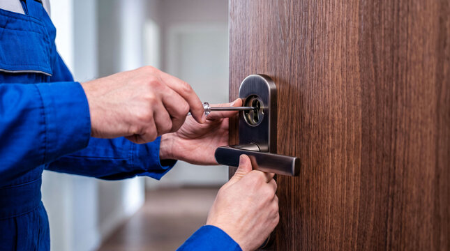 Locksmith installing new lock mechanism on wooden door with screwdriver tool performing professional repair and security upgrade service.