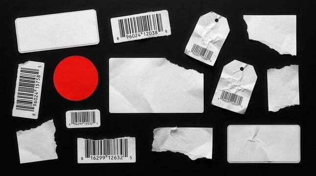 Collection of torn stickers, crumpled price tags, and blank paper labels.