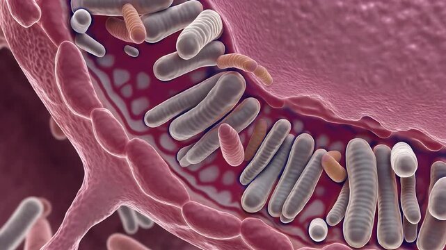 Microscopic view of gut microbiome with rod-shaped bacteria.