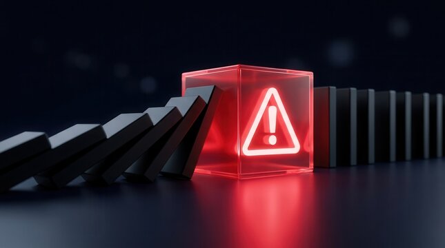A glowing red warning block with an exclamation icon prevents falling black dominoes from causing a crisis.