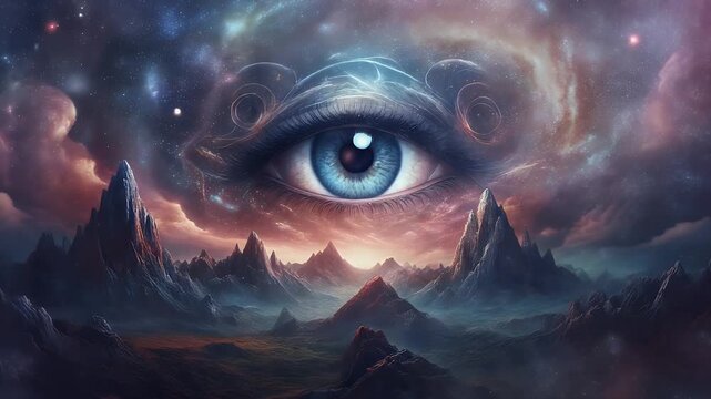 Surreal cosmic eye observing a majestic mountain landscape under a starry sky.