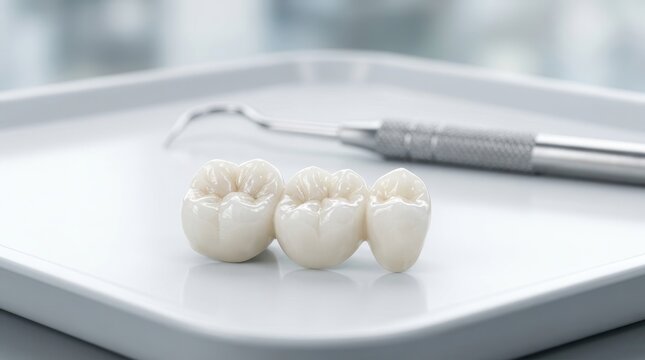 Macro shot of a zirconium dental bridge prosthesis used for oral restoration.