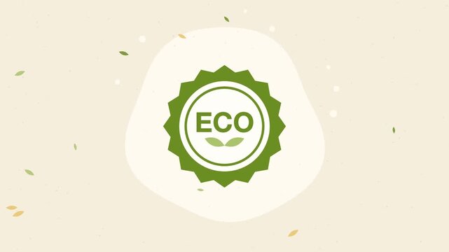 Olive and brown eco badge flat design animated icon on textured paper background, eco concept