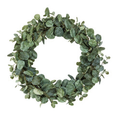 Beautiful round green eucalyptus wreath with many leaves, shot from a high angle on a clean white background © no one