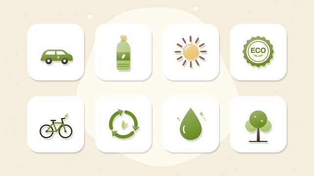 Olive and brown gradient flat eco icon set animation, 8 ecology and recycling icons