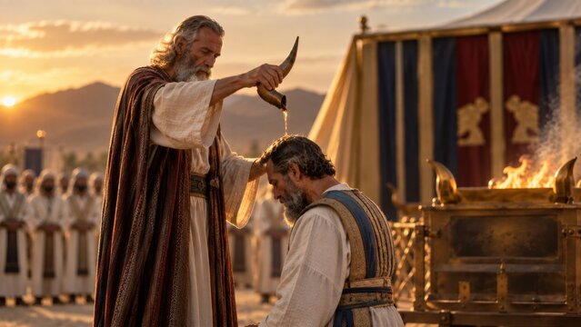 Moses anointed Aaron with the oil. Bible story.	