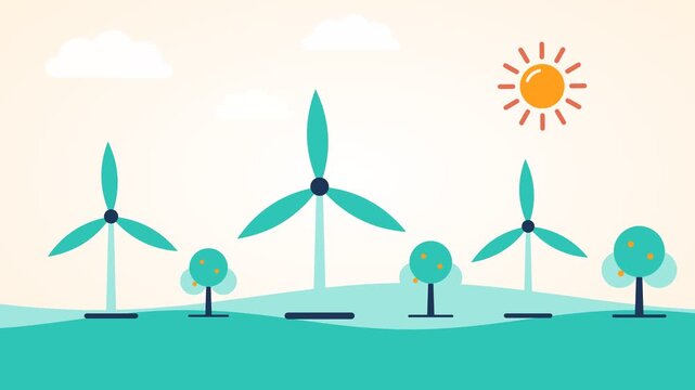 Orange and teal wind farm flat design landscape animation, renewable energy and ecology