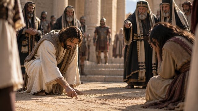 The scribes and Pharisees have brought a sinful woman. Jesus writes in the sand with his finger.
