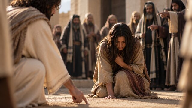 The scribes and Pharisees have brought a sinful woman. Jesus writes in the sand with his finger.