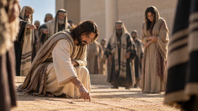 The scribes and Pharisees have brought a sinful woman. Jesus writes in the sand with his finger.