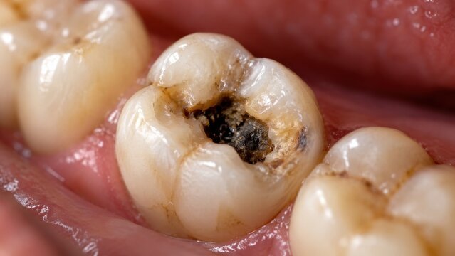 Close-up of a hole in a tooth.
