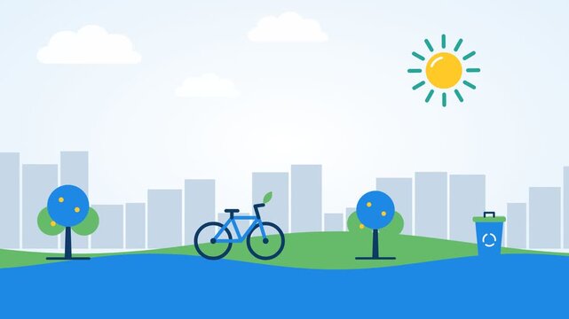 Blue and green bike friendly city flat design landscape animation, renewable energy and ecology