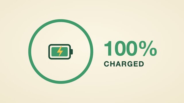 Green and beige charging battery with circular progress to 100 percent charged, flat design animation
