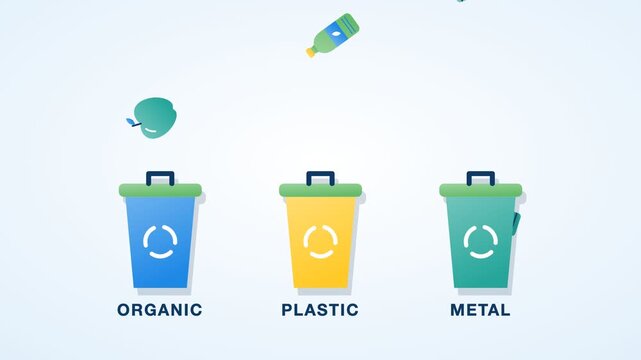 Blue and green waste sorting bins with falling apple, plastic bottle, metal can, gradient flat recycling animation