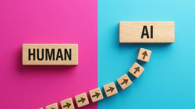Transition from Human to AI intelligence using wooden blocks and direction arrows.