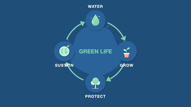 Navy blue and green green life cycle diagram animation, gradient flat circular infographic