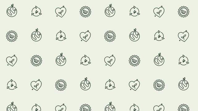 Sage green and cream seamless loop pattern of planet earth, circular recycling arrows, leaf heart icons, line art outline eco background