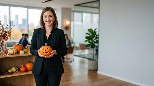 Smiling Woman with Pumpkin in Modern Indoor Setting