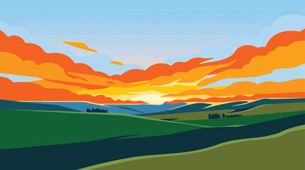 Fototapeta premium flat vector landscape illustration with vibrant orange clouds and green rolling hills during sunset for nature backgrounds and creative design projects
