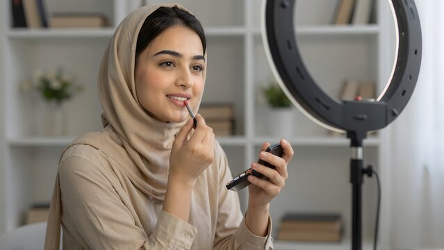 Young Muslim Woman Vlogger Applying Lipstick For Online Makeup Tutorial
