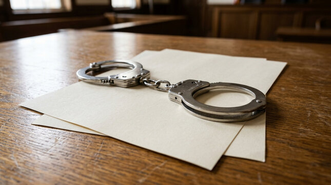 Handcuffs and papers on a wooden table in a courtroom