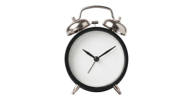 Classic metal twin bell alarm clock on transparent background