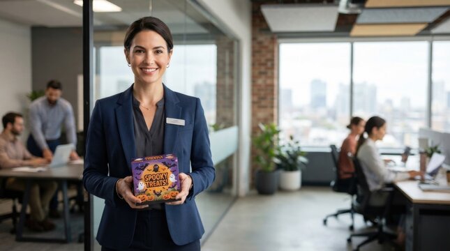 Smiling Professional Woman with Seasonal Treats in Modern Office