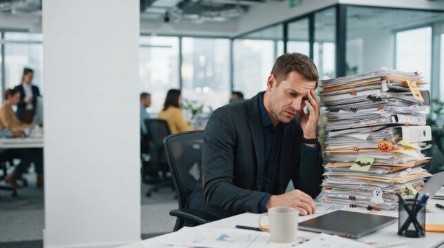 Stressed Businessman Overwhelmed by Paperwork in Modern Office