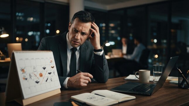 Stressed Businessman Contemplating at Desk Late Night