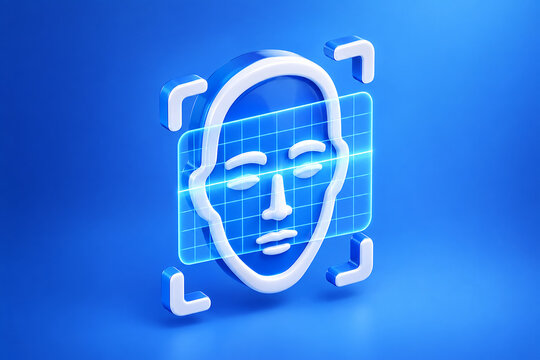 3D icon of a human face outline with a scanning grid overlay, glossy blue and white material