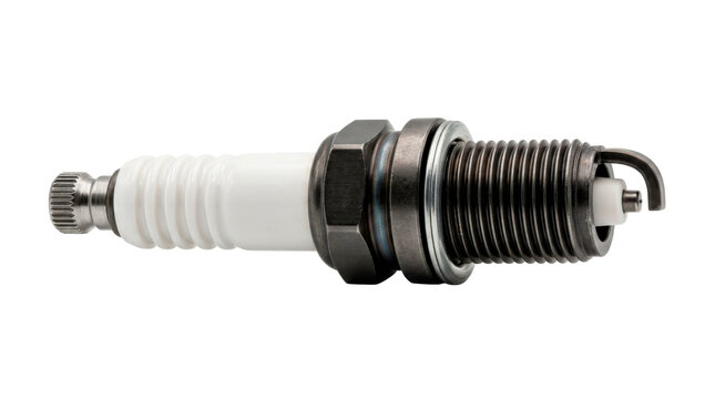 Engine spark plug with a white ceramic insulator, a threaded metal base, and a curved ground electrode. Photorealistic, side 3/4 view, horizontal orientation, ultra-high-resolution 8K, on a pure white