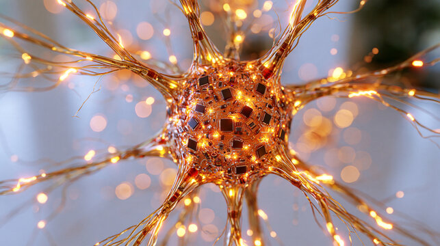 Detailed cybernetic neuron surrounded by microscopic circuit boards and embedded microchips, glowing electrical impulses connecting multiple neural branches into an artificial network, bright minima