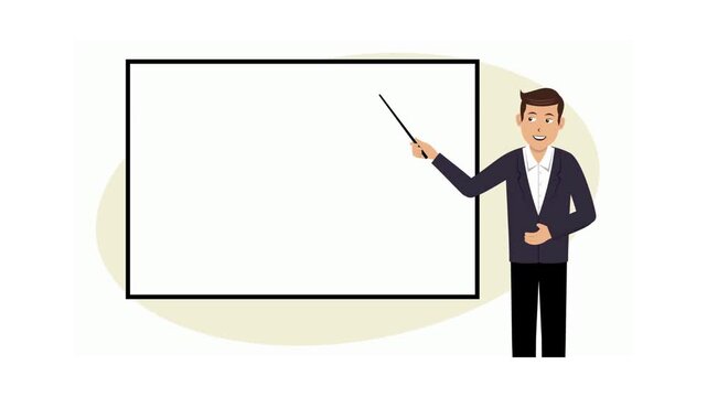 Presenting businessman pointing at blank whiteboard corporate