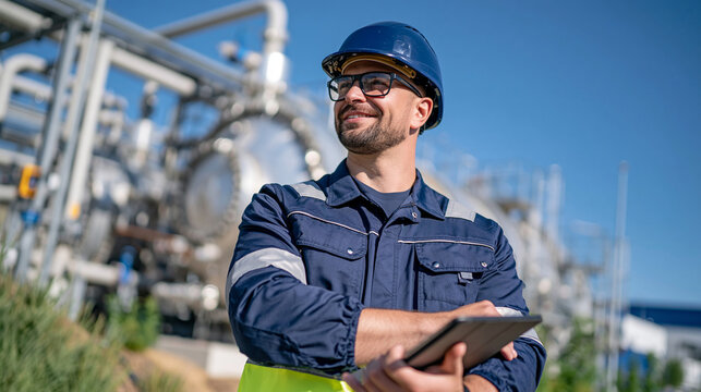 Industrial engineer inspecting large hydrogen storage tanks at a modern hydrogen production facility, worker holding a tablet and monitoring safety parameters, high-pressure cylindrical tanks and co
