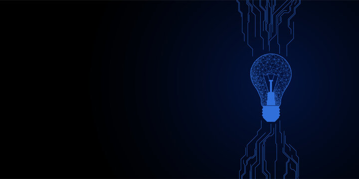 Innovation. Idea and solution technology concept. A light bulb from dot circuit board on the dark blue. Abstract cyber and digital computer innovation concept. Business innovation and creative idea.