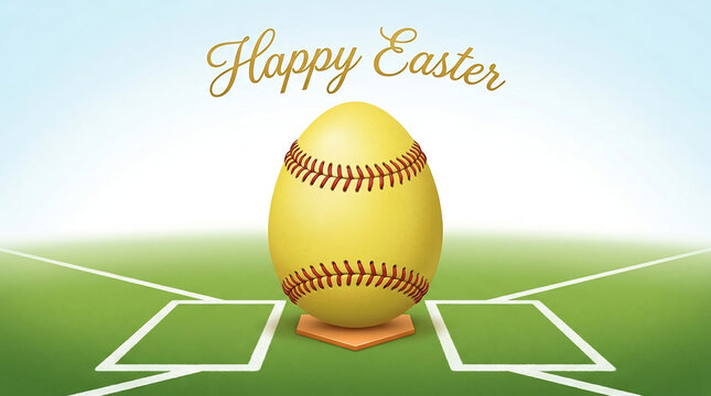 Softball easter egg sits on home plate in baseball stadium field
