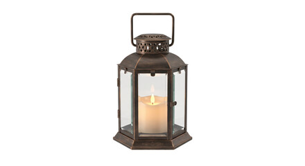 Classic bronze candle lantern with lit pillar candle on transparent background © OP:banana