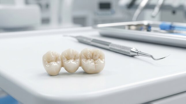 Macro shot of a zirconium dental bridge prosthesis used for oral restoration.