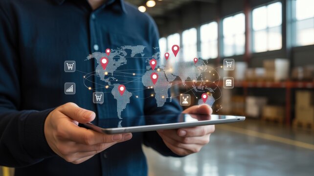 A Person Holding A Digital Tablet Displaying A Global Supply Chain Network
